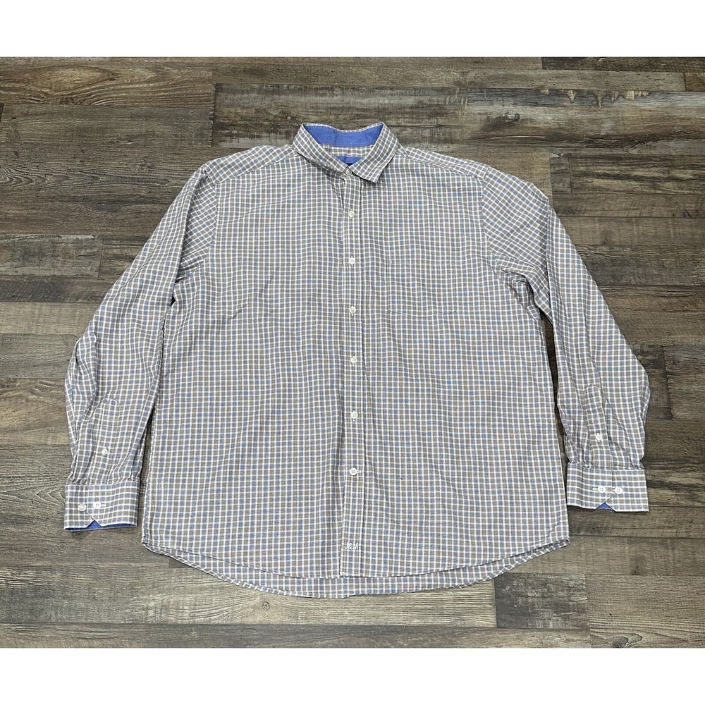 Johnston & Murphy Mens Button Up Shirt Plaid Tanβ Orange Blue Large Down